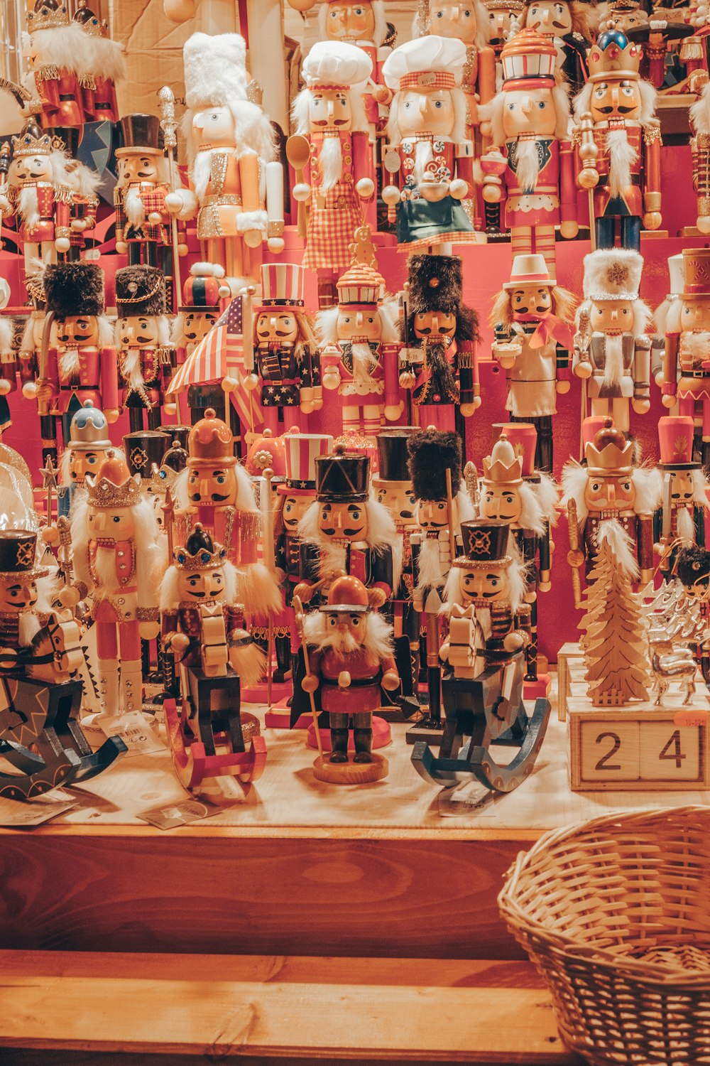 a display of nutcrackers and other holiday decorations