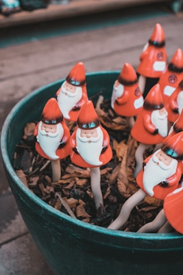 Several small gnome figures with red hats and white beards are placed in a large pot filled with wood chips. The gnomes are arranged in neat rows and appear to be made of painted ceramic.