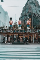 a group of people standing in front of a building