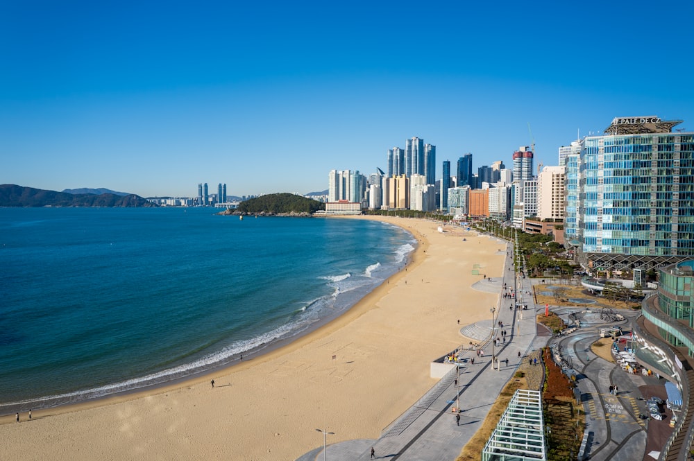 a view of a beach with a city in the background