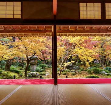 A cozy ryokan nestled among vibrant autumn leaves in Japan, inviting Indonesian travelers to experience authentic hospitality.