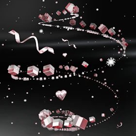 Floating gift boxes and white glowing light particles set against a deep navy-blue gradient canvas.