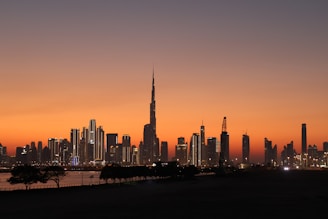 a view of a city skyline at sunset