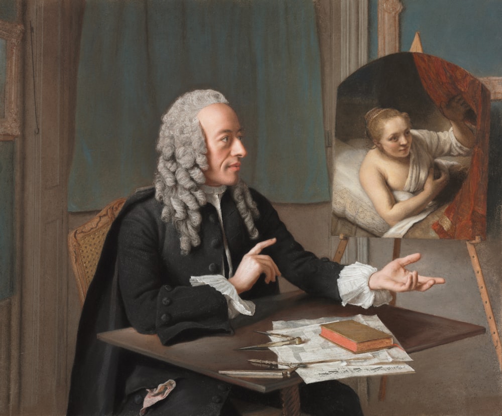 uma pintura de um homem sentado em uma mesa