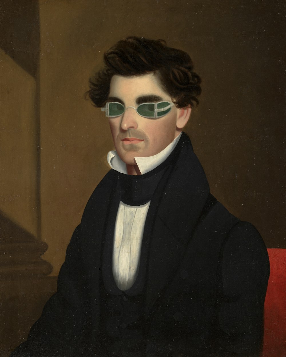 uma pintura de um homem de terno e óculos escuros
