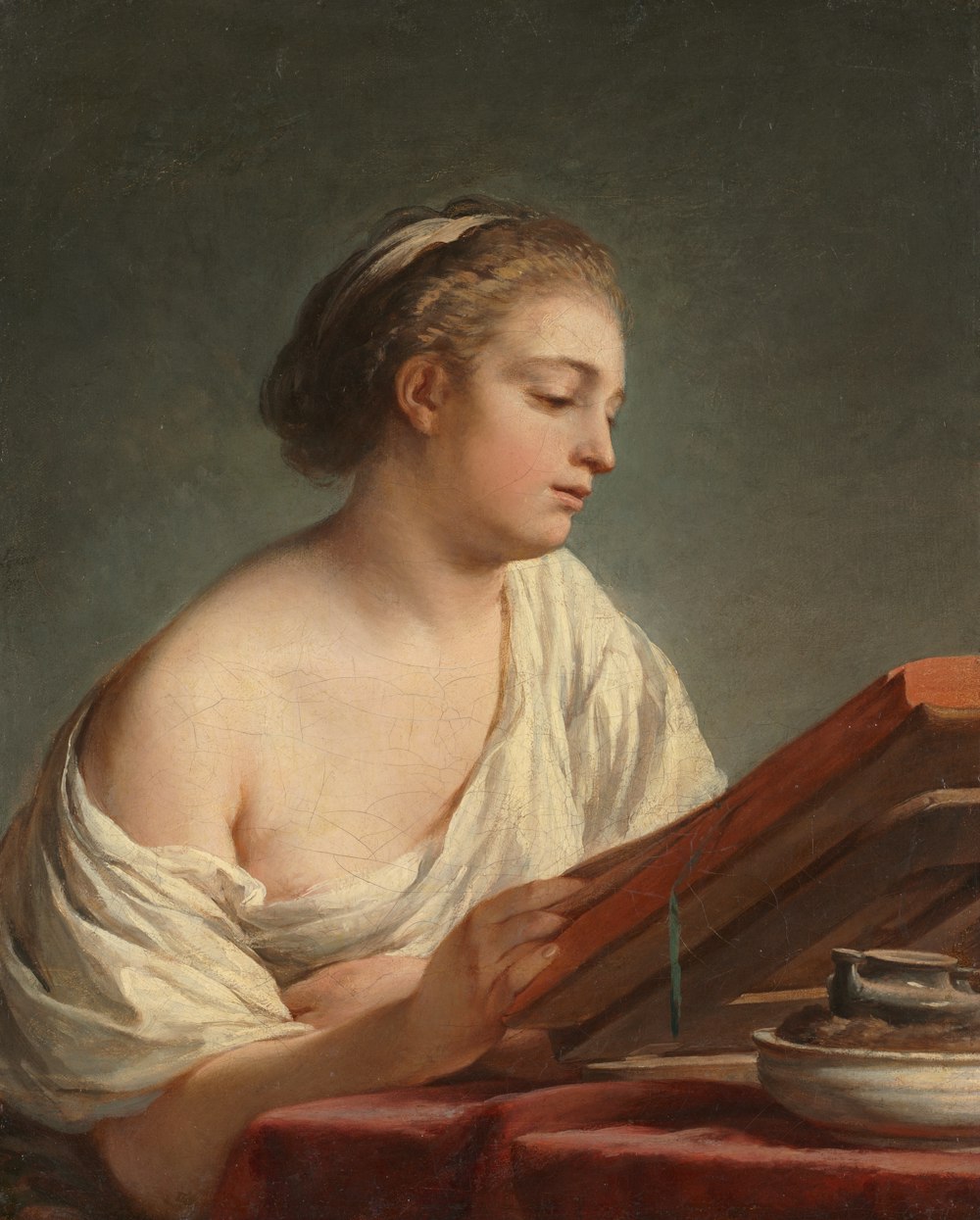 a painting of a woman reading a book