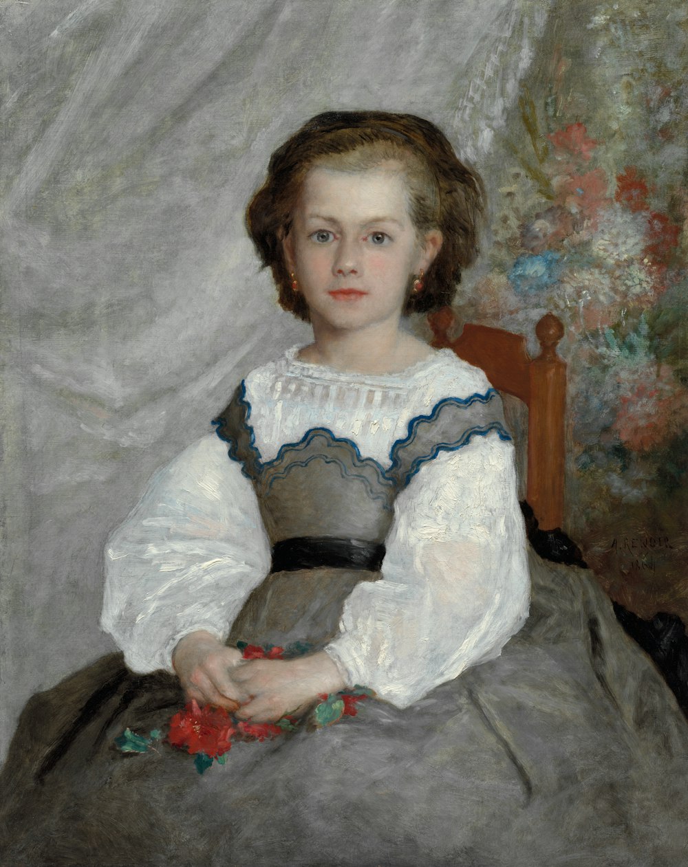 a painting of a young girl sitting in a chair