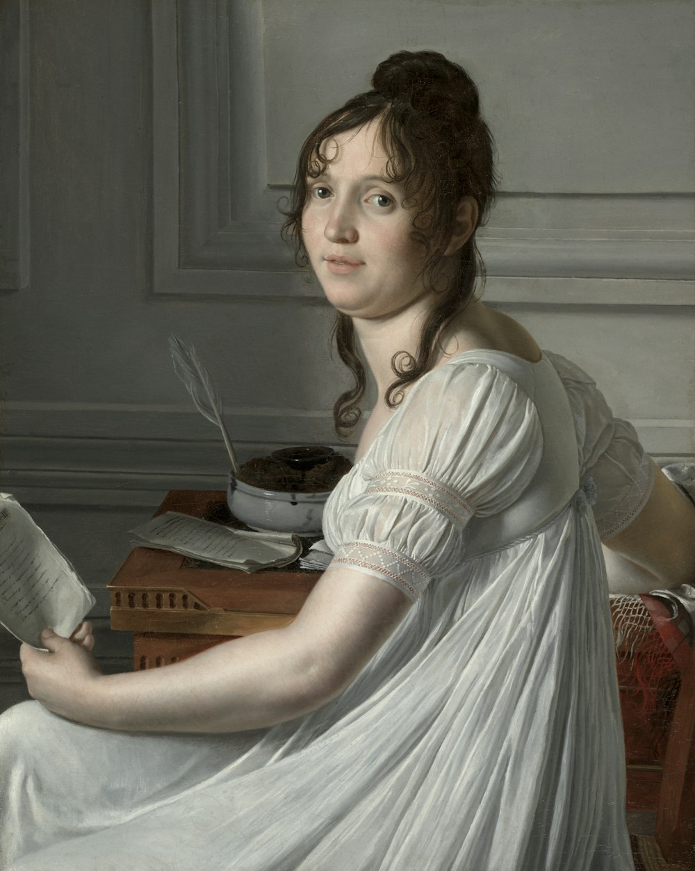 a painting of a woman in a white dress