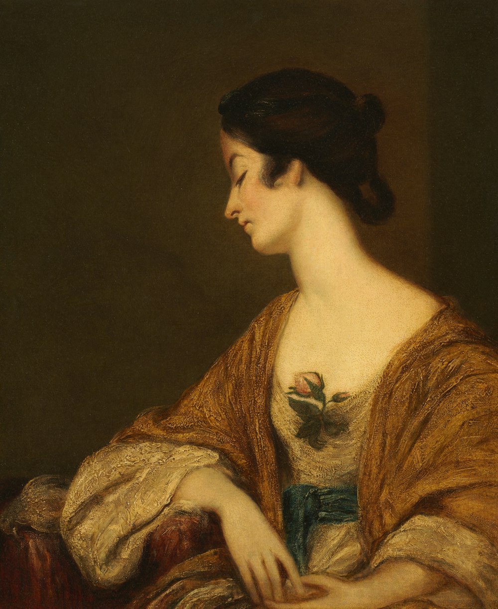 uma pintura de uma mulher em um vestido marrom