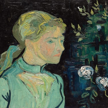 A painted portrait of a woman with a contemplative expression is depicted against a dark background. She has blond hair styled back and is wearing a teal dress. To the right, there are abstract, swirling flowers, adding a sense of movement.