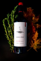 A bottle of red wine labeled 'Leleka wines' is positioned against a dark background. The label includes a simple black and white design with minimalist line art. Surrounding the bottle are fresh green rosemary sprigs on the left and dried autumn leaves on the right, adding a natural and seasonal touch to the composition.
