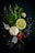 A composition of fresh ingredients, including a whole garlic bulb, a lemon slice, rosemary sprigs, parsley leaves, a small tomato, and scattered peppercorns and salt on a dark background.