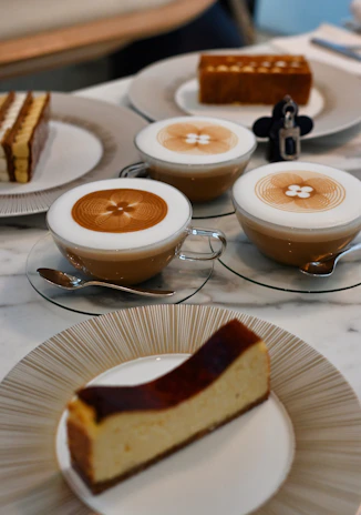 Cozy table set with assorted cake slices and a steaming cup of coffee.