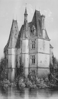 An intricate illustration of a historical castle with pointed roofs, surrounded by foliage and reflected on a still body of water.