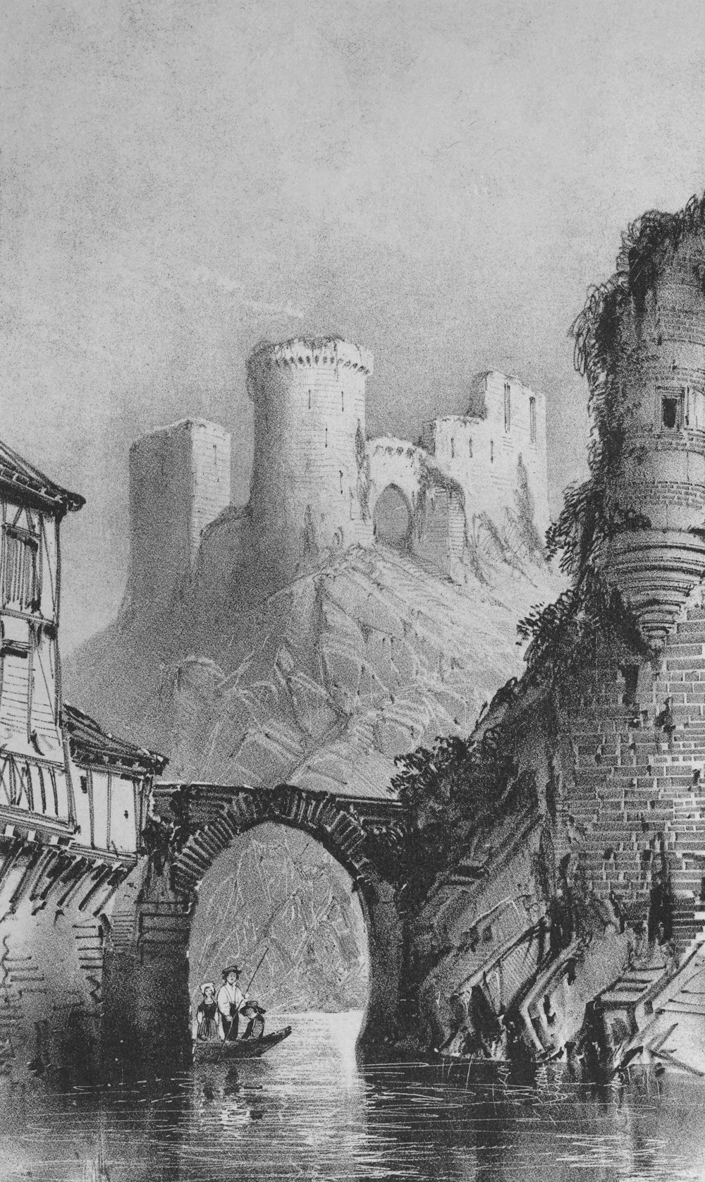 a drawing of a castle and a bridge