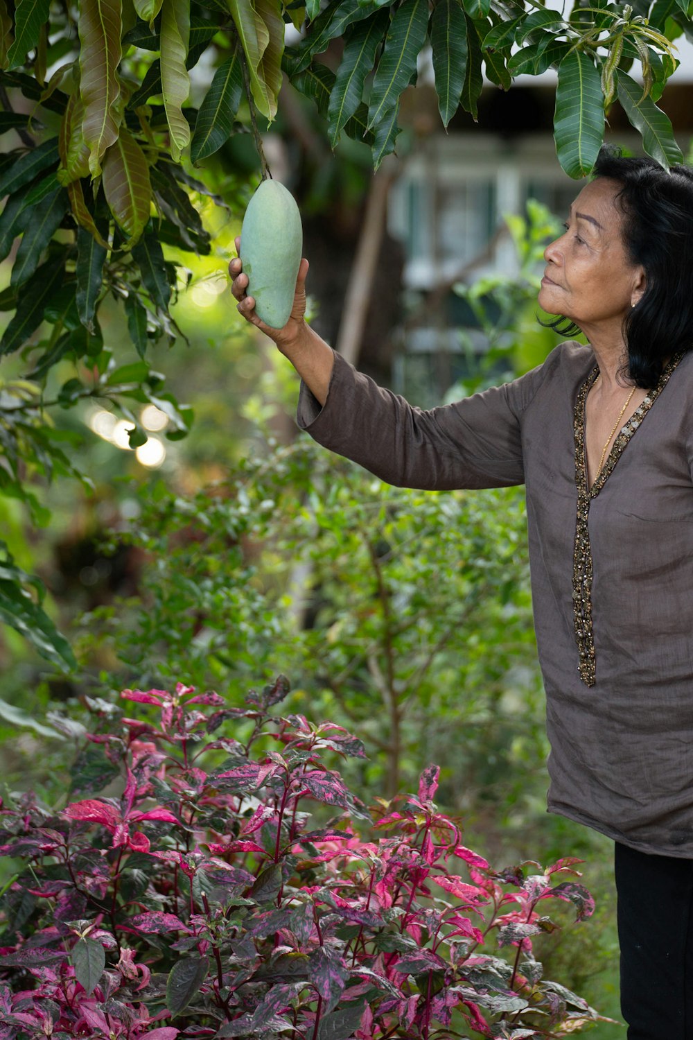 a woman holding a green fruit up to a tree