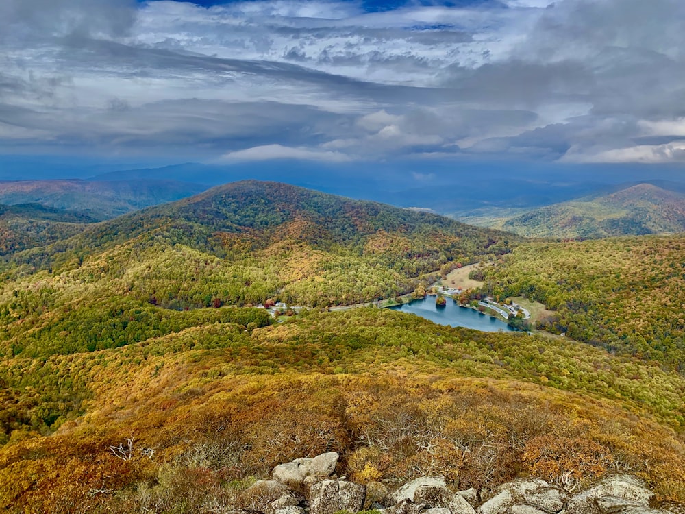 a scenic view of the mountains and lakes