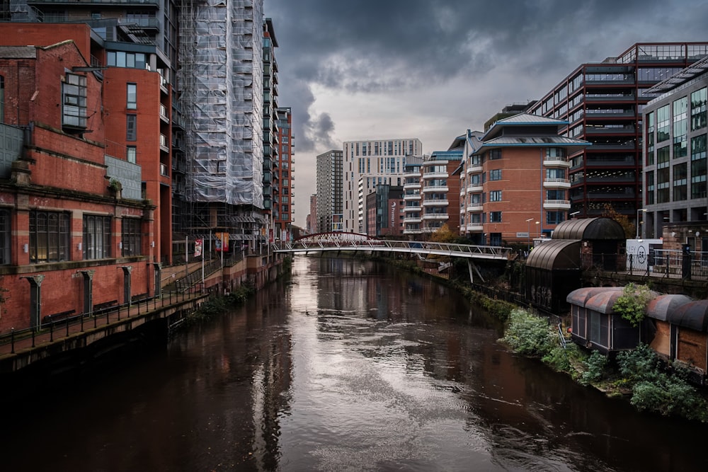 a river running through a city next to tall buildings