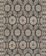 Intricate floral and geometric patterns in symmetrical arrangements dominate the textile design. Cream-colored motifs stand out against a dark background, forming a network of stylized flowers and ornate shapes. The design is bordered by a repetitive pattern of similar motifs.