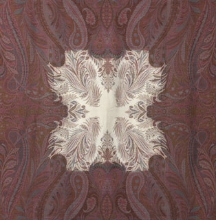 An intricate textile pattern featuring symmetrical paisley designs in rich, earthy tones. The central area is lighter, creating a striking contrast with the darker, detailed motifs that surround it. The design is elaborate, with swirling lines and floral elements that evoke a sense of elegance and tradition.