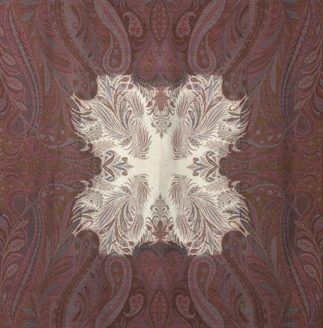 An intricate textile pattern featuring symmetrical paisley designs in rich, earthy tones. The central area is lighter, creating a striking contrast with the darker, detailed motifs that surround it. The design is elaborate, with swirling lines and floral elements that evoke a sense of elegance and tradition.