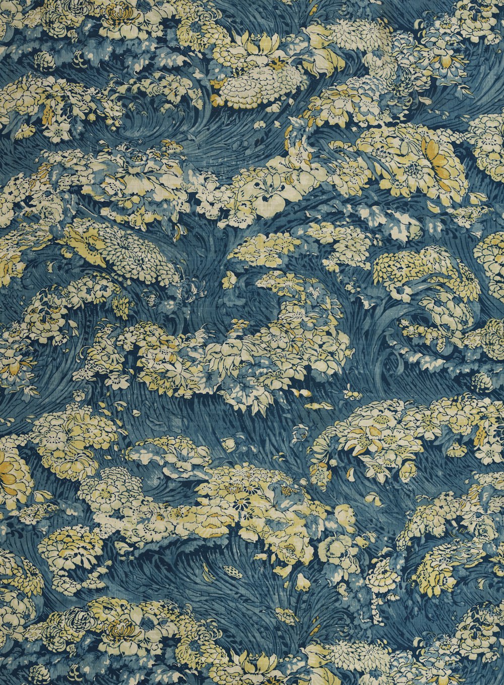 a blue and yellow wallpaper with flowers and leaves