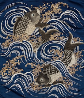 An elegant bookmark featuring the dragon form of the koi, with swirling green and blue patterns.