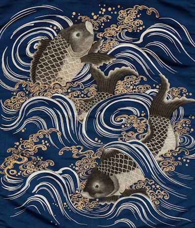 An elegant bookmark featuring the dragon form of the koi, with swirling green and blue patterns.