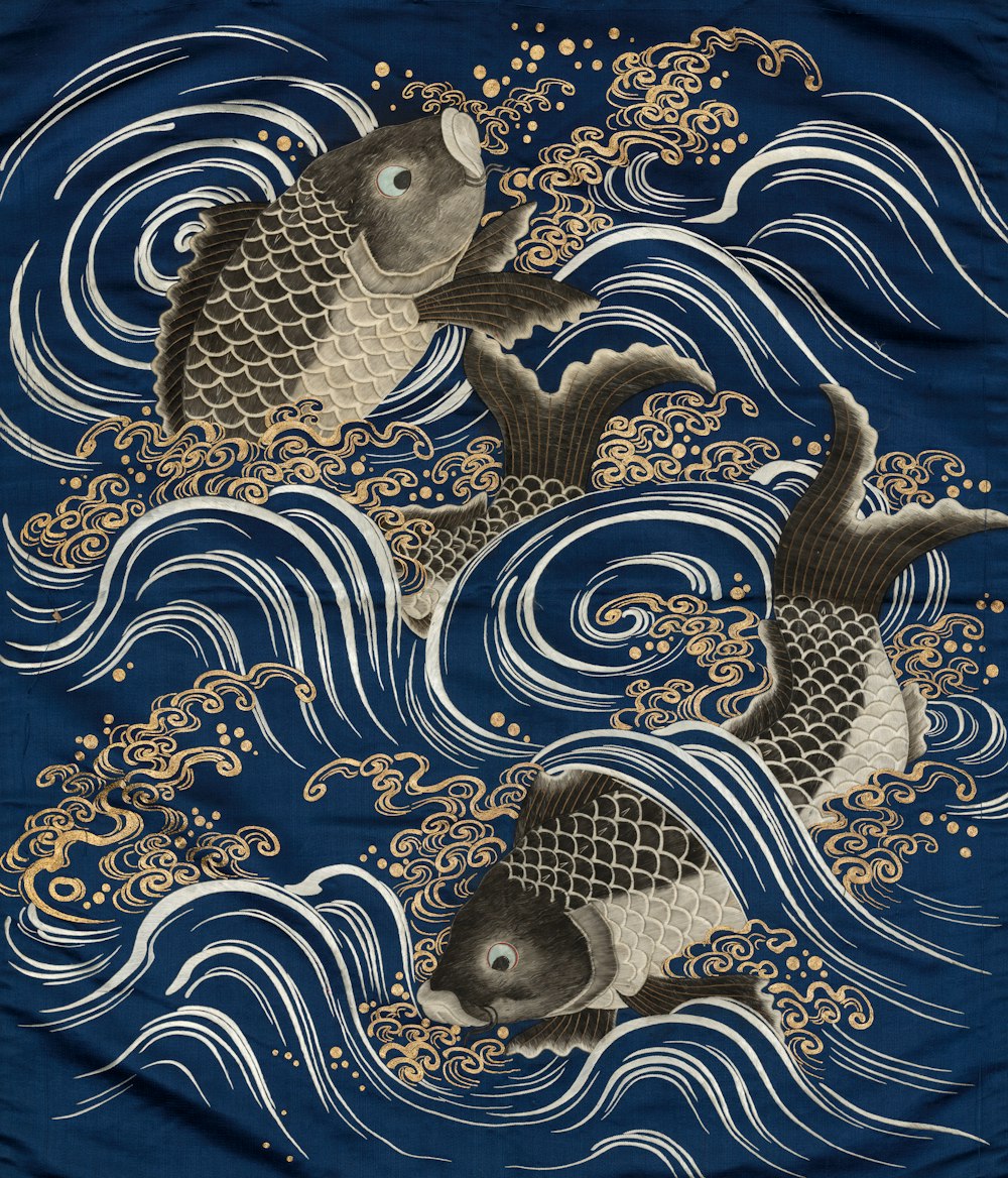 a painting of two fish swimming in a body of water