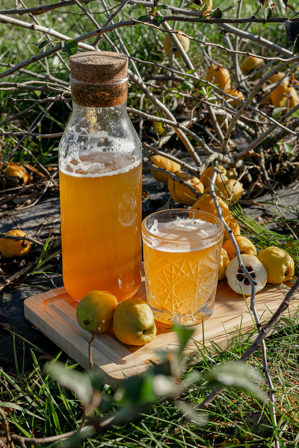 a bottle of apple cider next to a glass of apple cider