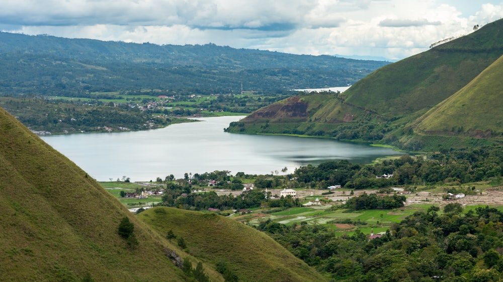 a scenic view of a lake surrounded by mountains