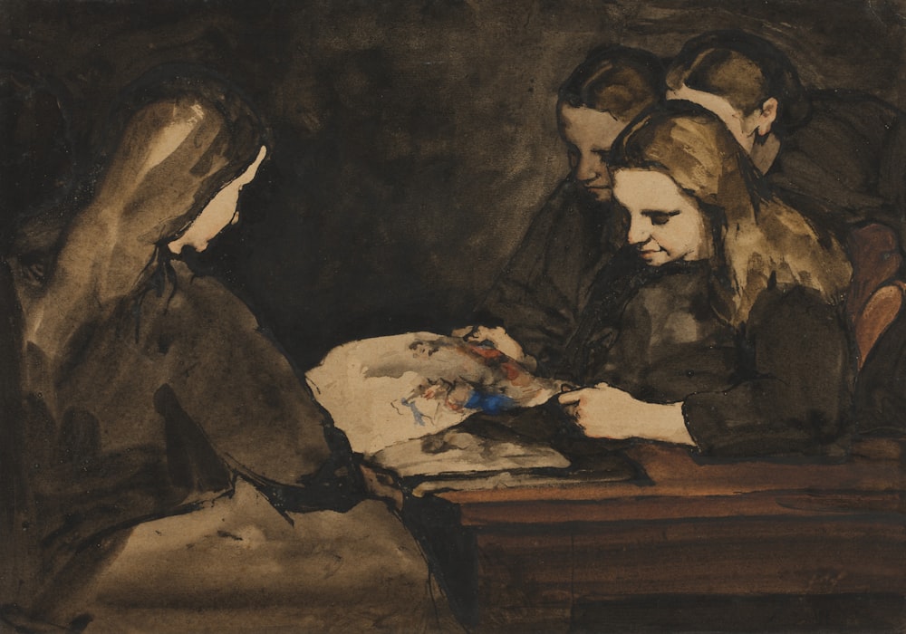 a painting of three people sitting at a table