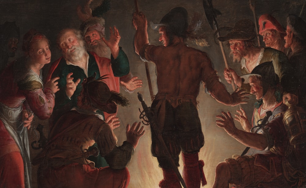 a painting of a man surrounded by other people