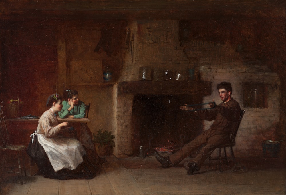 a painting of a man and a woman sitting at a table