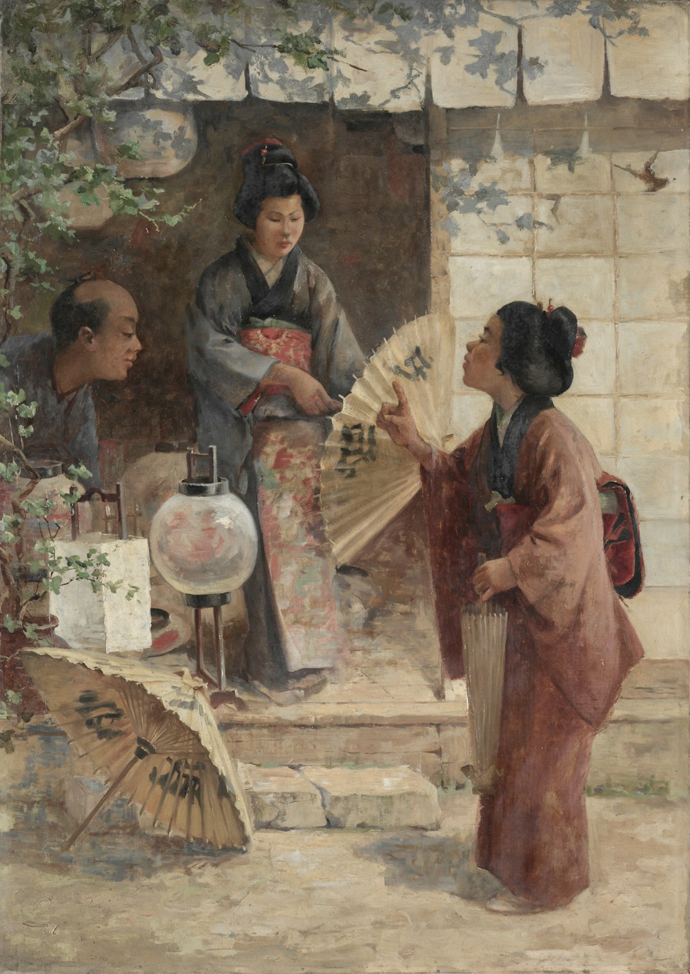 a painting of a woman handing a fan to another woman