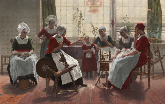 A group of women in traditional Croatian attire crafting embroidery together in a warm, sunlit room.