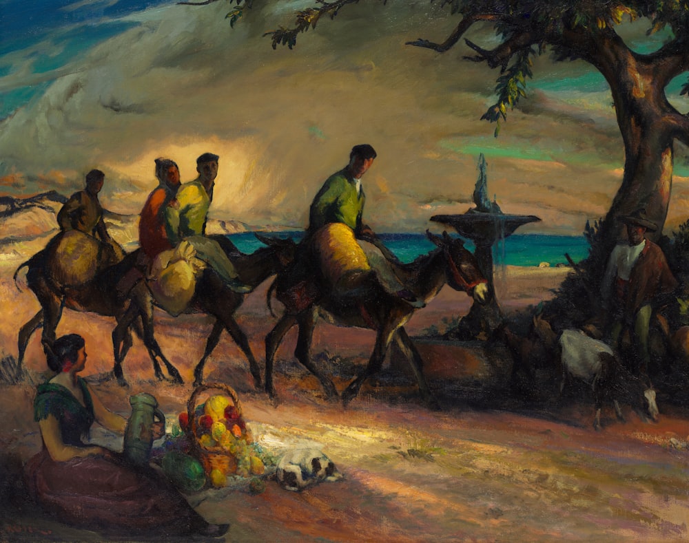 a painting of a group of people riding horses