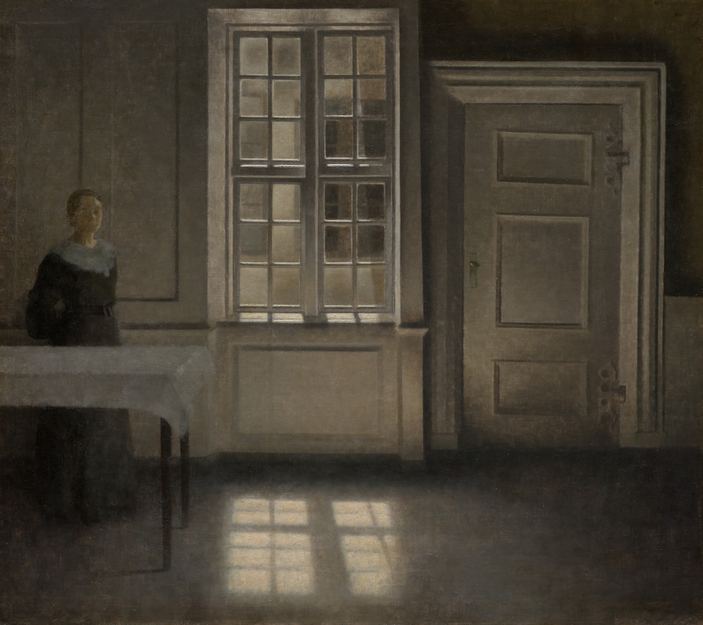 a painting of a woman looking out a window