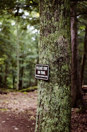 A forest scene with dense, lush green vegetation. A tree trunk in the foreground has a sign attached to it. The sign reads 'PLEASE STAY ON TRAIL ECOLOGICALLY SENSITIVE AREA.' The background shows a dirt path winding through the forest.