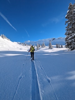 Mountain skier descending through fresh powder snow under clear blue sky.