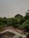 A rooftop area with a weathered surface featuring both tar and concrete patches. Surrounding the rooftop is lush greenery, primarily consisting of dense trees. The overcast sky suggests a cloudy day, and there is a presence of a tall light pole among the trees.