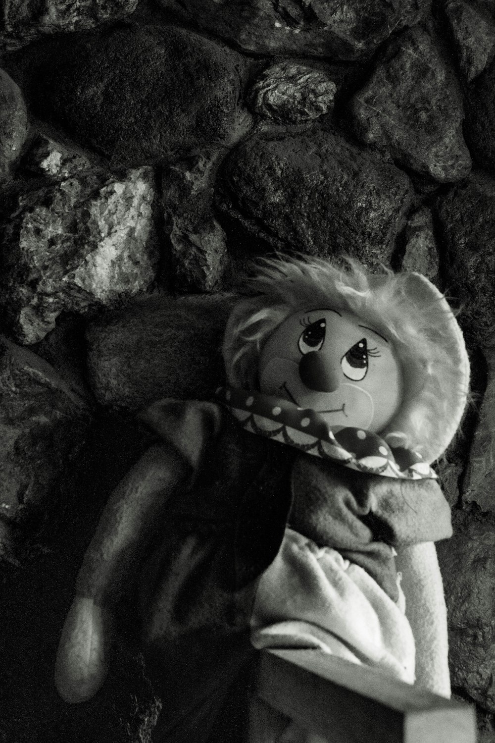 a black and white photo of a stuffed animal