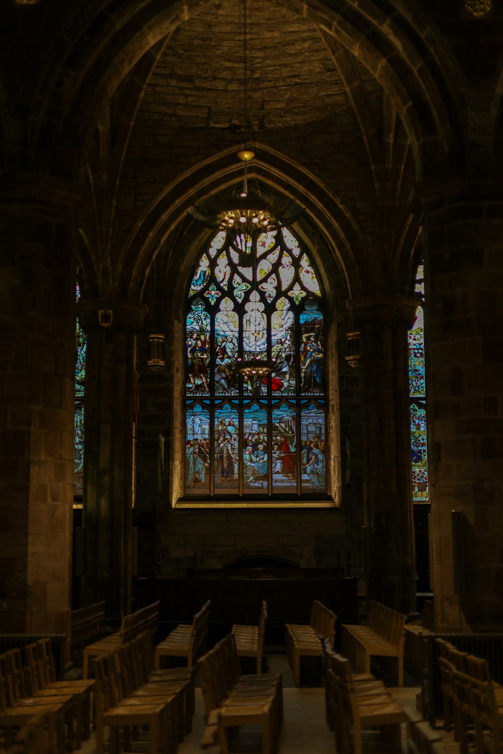 a church with a large stained glass window