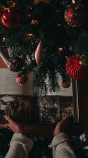 A cozy winter scene with a child holding a Christmas storybook.