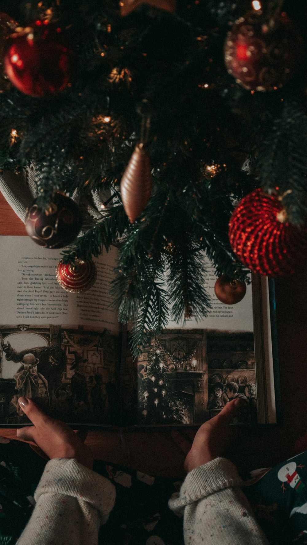 Une personne lisant un livre sous un sapin de Noël