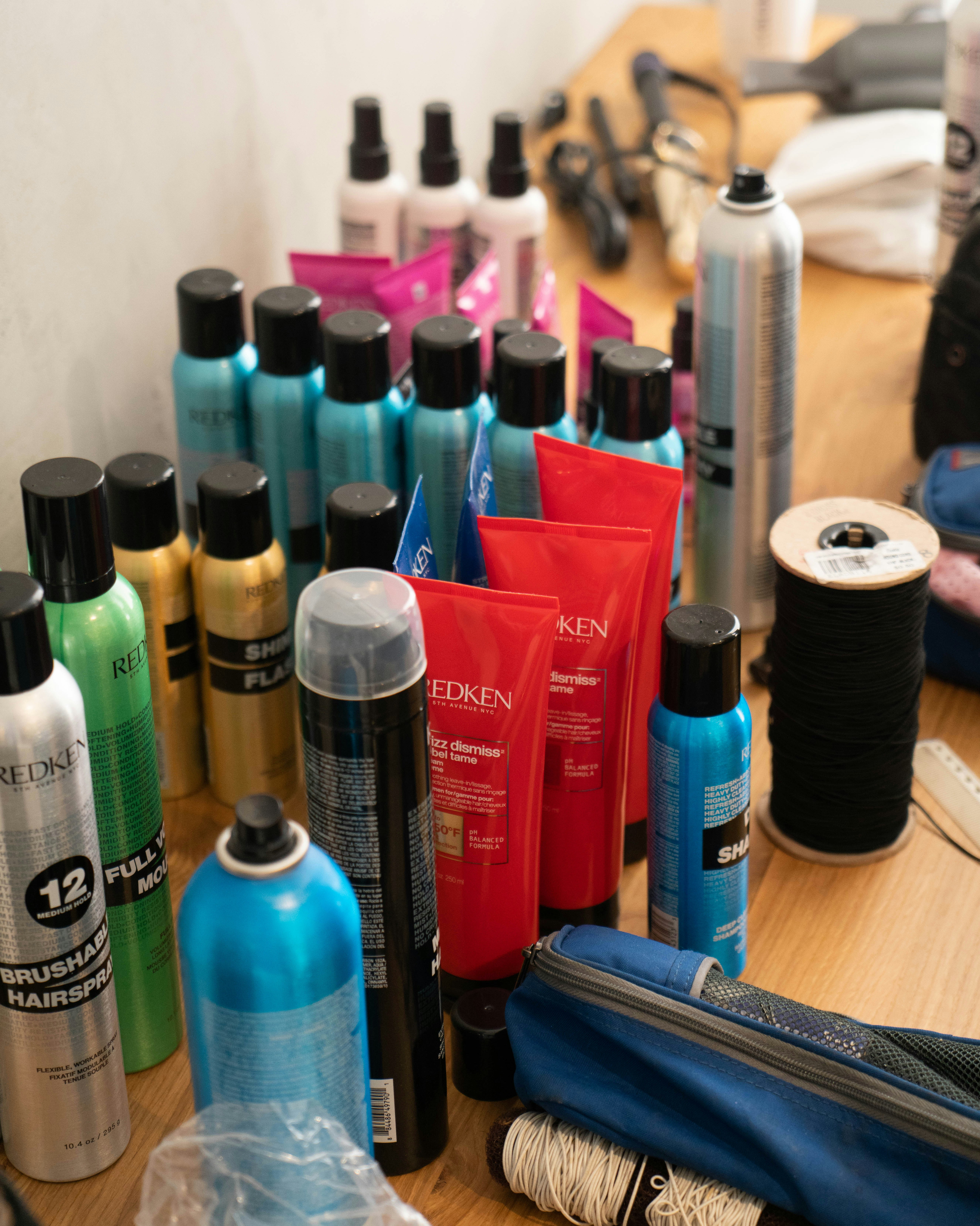 Hair styling tools on a salon countertop