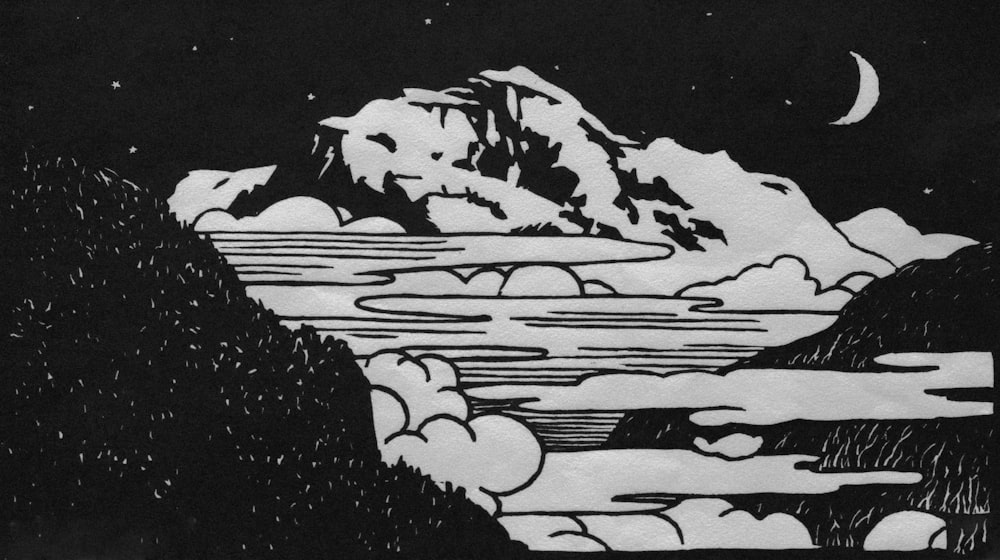 a black and white drawing of mountains and clouds