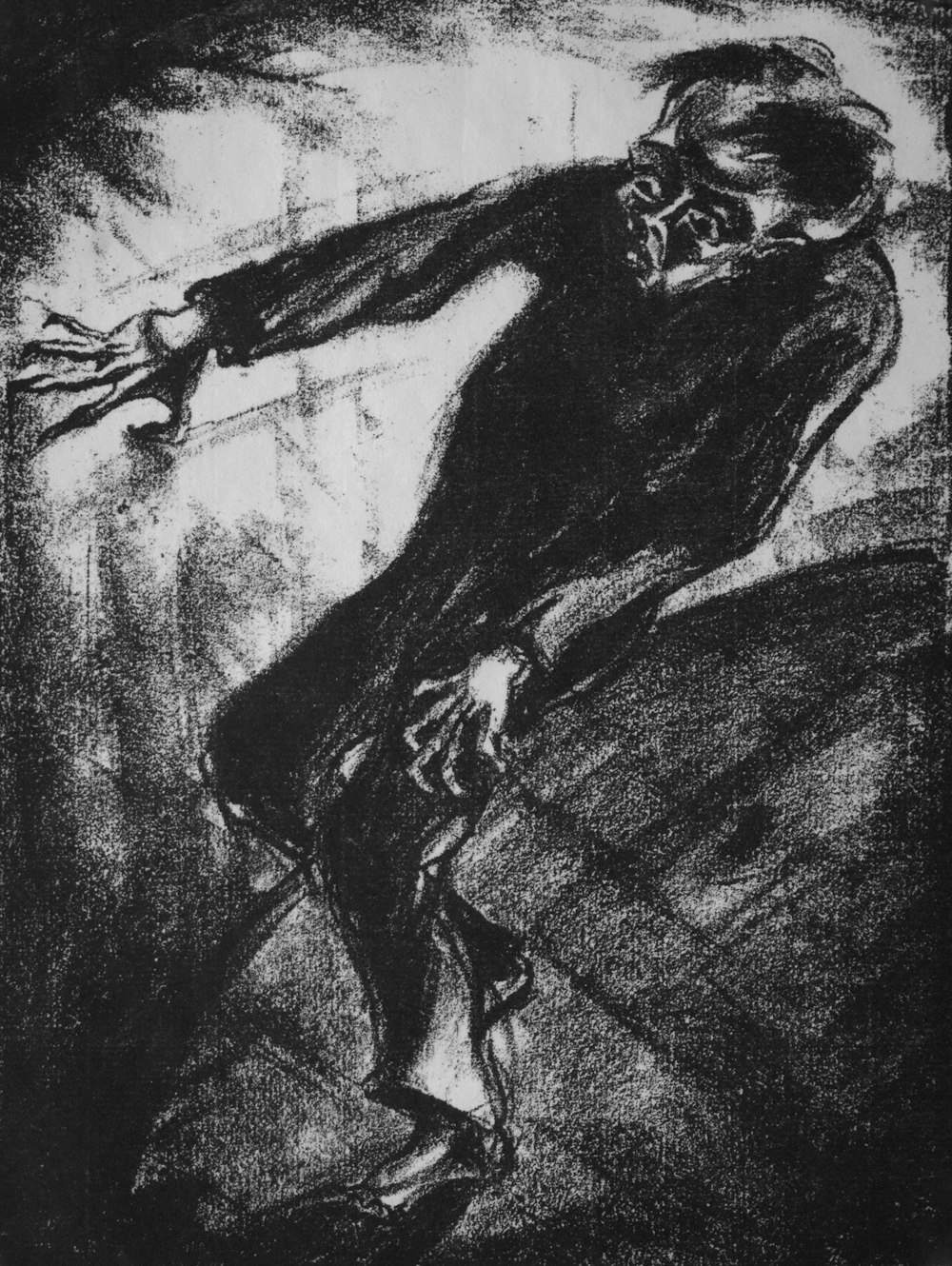 a black and white drawing of a person on a skateboard