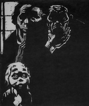 A black and white illustration depicting two ominous, shadowy figures in the background, with abstract and skeletal features. In the foreground, a small child gazes forward with large, haunting eyes, clutching an object tightly. The image’s high contrast and stark lighting heighten its unsettling, eerie atmosphere.