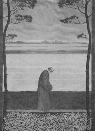 A serene landscape with a person wearing a simple, stylish outfit, symbolizing faith and connection.